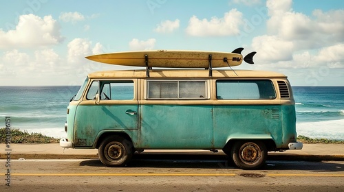 A vintage van by the beach, surfboard atop 