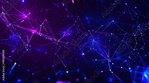 A vibrant abstract background featuring glowing lines and dots in purple and blue, representing technology and digital connectivity.