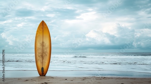 A surfboard stands on the beach