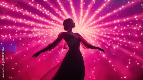 Silhouette of a Woman in a Dress Under Pink Lights