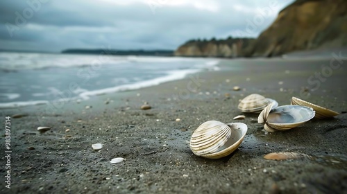 Sandy beach with empty clam shells from pacific jackknife photo