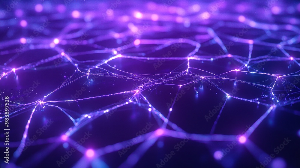 Obraz premium A vibrant abstract network of interconnected lines and dots in purple hues, symbolizing technology and digital connectivity.