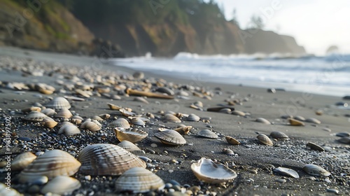 Sandy beach with empty clam shells from pacific jackknife photo