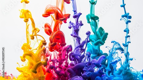 A cascade of rainbow-colored ink spreading through water, with each color distinctly visible against the white background. photo