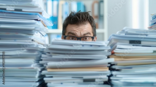 Office worker's face partially obscured by stacks of documents, Work overload, overwhelming workload
