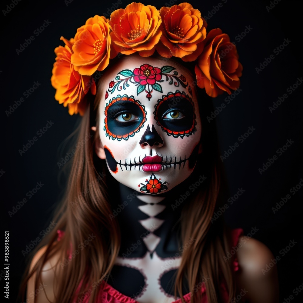 Dramatic portrait of a teen girl in vibrant Day of the Dead sugar skull makeup with intricate floral patterns isolated on dark solid color background Dramatic portrait of a teen girl in vibrant Day of the Dead sugar skull makeup with intricate floral patterns isolated on dark solid color background