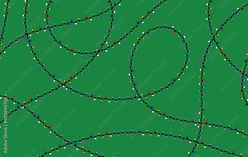 Backdrop Background Christmas string lights set, festive decoration, flat vector illustration. 