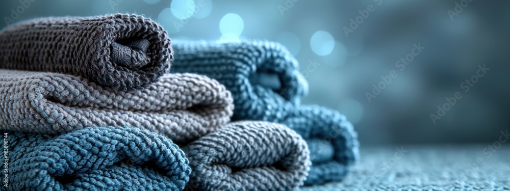 stack of towels on blue background. copy space. bathroom hygiene and daily comfort. spa, wellness, and hotel environments. banner stack of towels on blue background. copy space. bathroom hygiene and daily comfort. spa, wellness, and hotel environments. banner