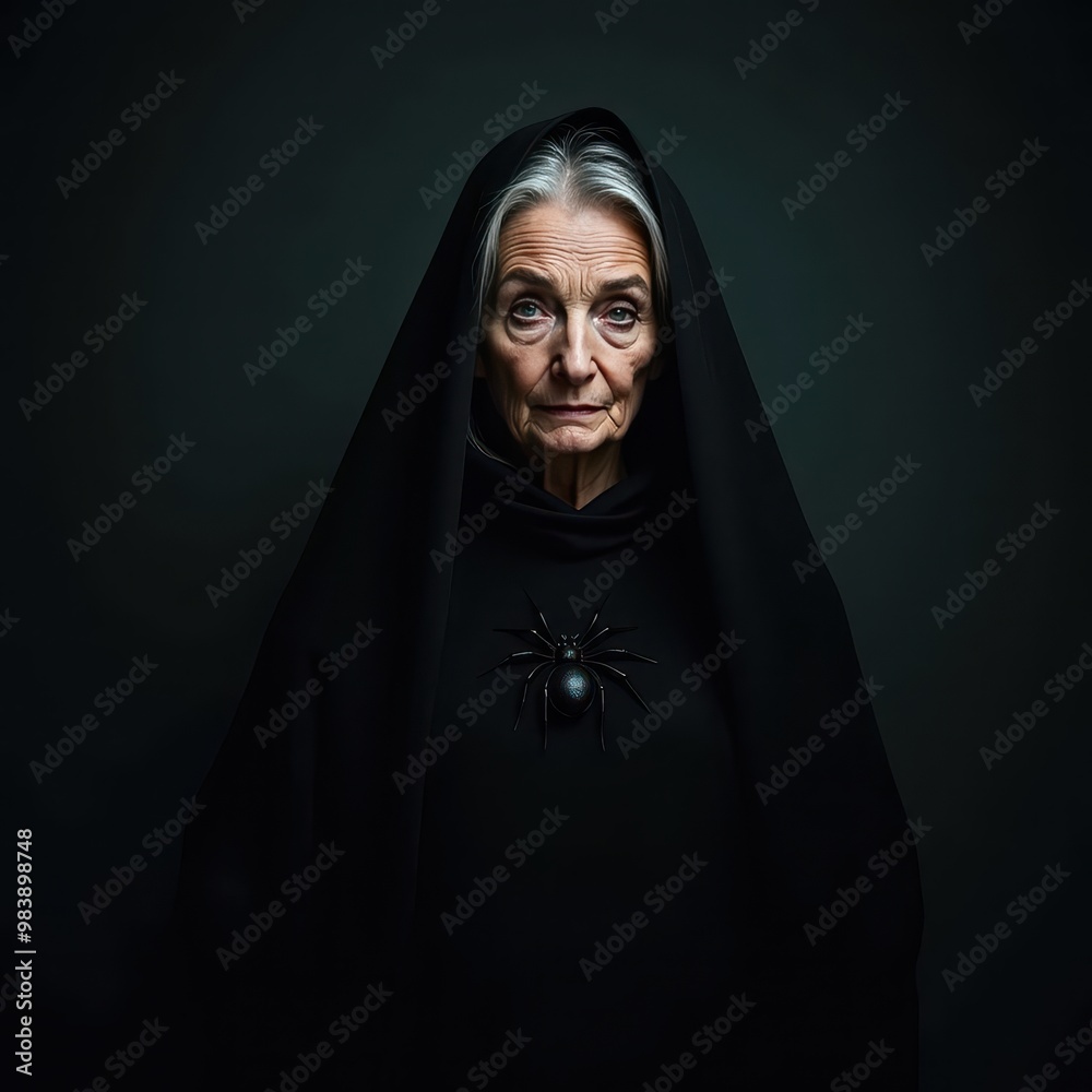 Dark and mysterious portrait of an older woman in a black widow spider costume with a flowing veil and piercing eyes isolated on dark solid color background Dark and mysterious portrait of an older woman in a black widow spider costume with a flowing veil and piercing eyes isolated on dark solid color background