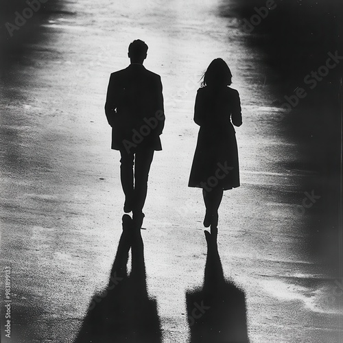 Shadows of a couple walking away from each other, fading into the distance, [grief], [emotional separation].