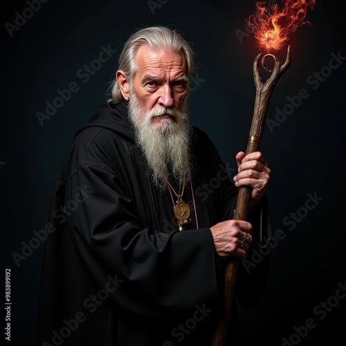 Powerful portrait of an older man dressed as a fearsome warlock holding a magical staff with glowing runes isolated on dark solid color background