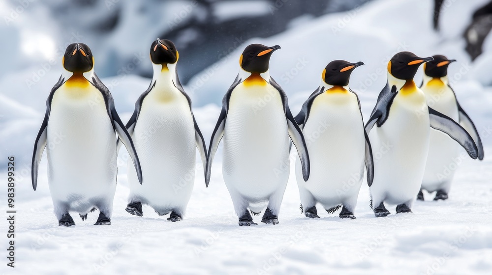 Obraz premium Emperor penguins stand and walk on the snow in Antarctica.