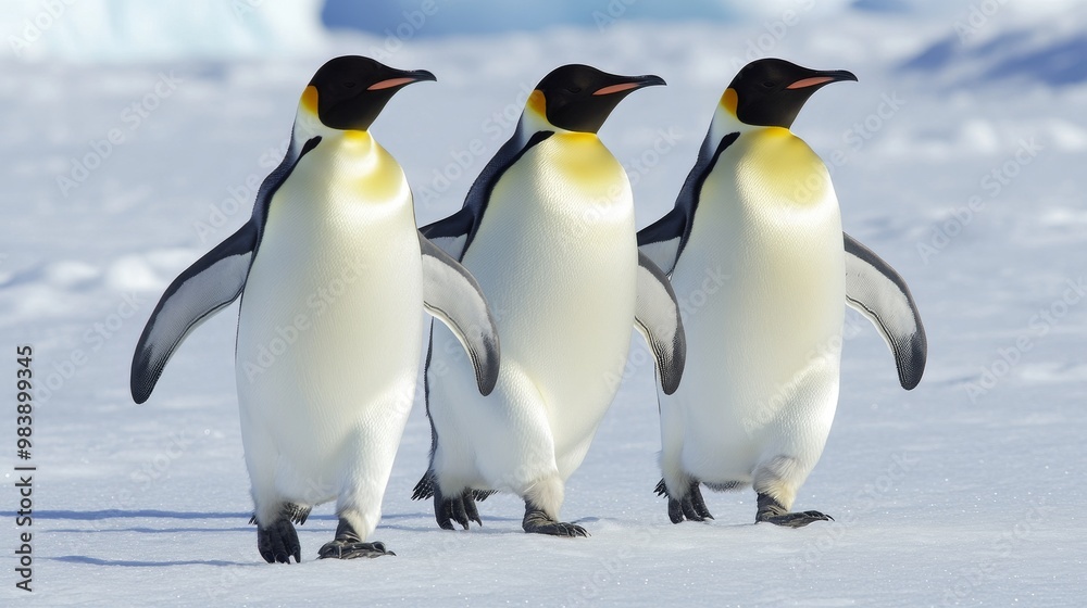Obraz premium Emperor penguins stand and walk on the snow in Antarctica.