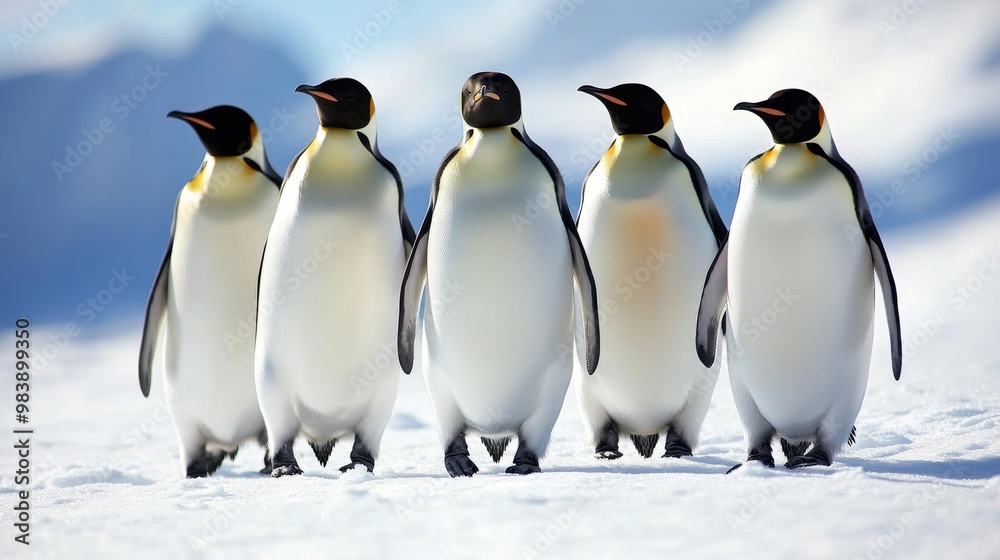 Obraz premium Emperor penguins stand and walk on the snow in Antarctica.