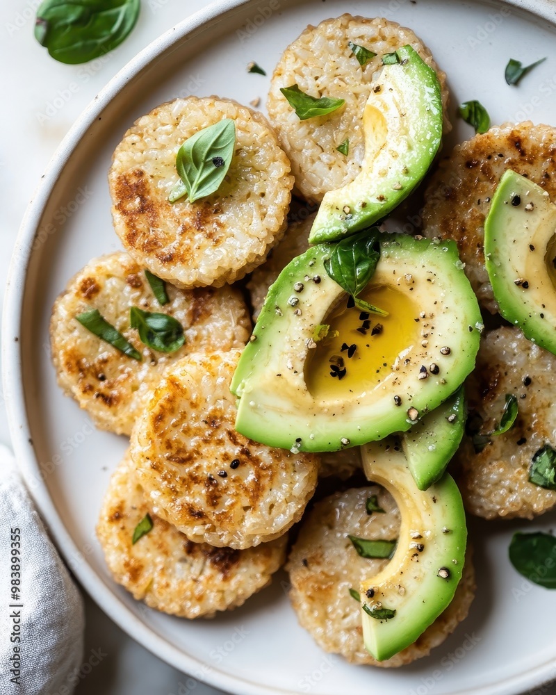 A plate of crispy rice cakes topped with sliced avocado and drizzled with olive oil. A plate of crispy rice cakes topped with sliced avocado and drizzled with olive oil.