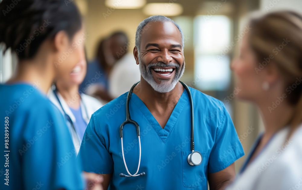 A smiling African-American male nurse, wearing blue scrubs and a stethoscope, speaks to other nurses in a hospital. A smiling African-American male nurse, wearing blue scrubs and a stethoscope, speaks to other nurses in a hospital.