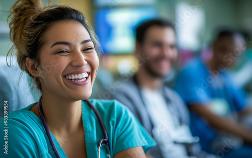 A smiling nurse sits among other medical professionals, all in scrubs and coats, engaging in lively conversation about patient care.