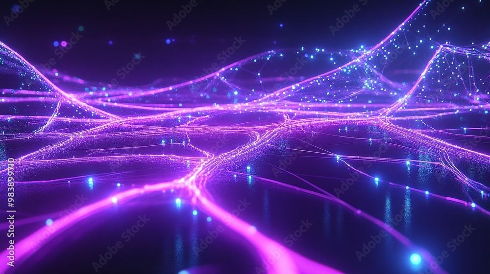 A vibrant display of glowing purple and blue light trails on a dark background, creating a mesmerizing interconnected network effect. A vibrant display of glowing purple and blue light trails on a dark background, creating a mesmerizing interconnected network effect.