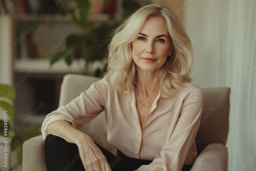 Middle aged female psychotherapist, counselor sitting in chair alone in office looking at camera Middle aged female psychotherapist, counselor sitting in chair alone in office looking at camera
