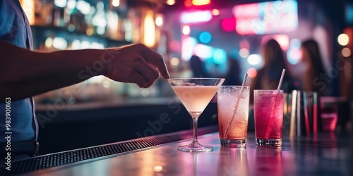 A man's hand is captured in the act of spiking a drink at a bustling bar or club