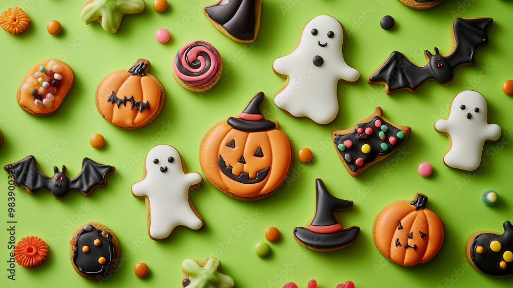 Colorful Halloween cookies featuring ghosts, pumpkins, and bats on a vibrant green background Colorful Halloween cookies featuring ghosts, pumpkins, and bats on a vibrant green background