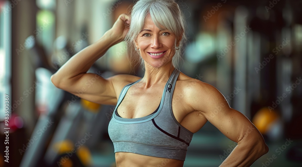 Beautiful senior woman with a perfect body, smiling and posing at the gym after her workout. Beautiful senior woman with a perfect body, smiling and posing at the gym after her workout.
