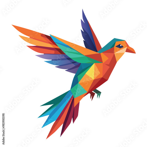 Low poly colorful bird flying on white background