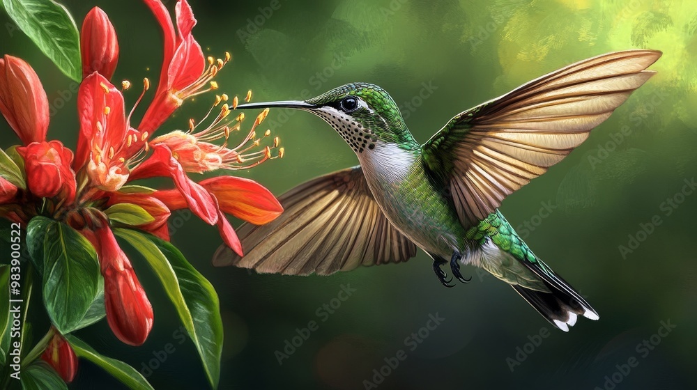 Obraz premium Hummingbirds are tiny, colorful birds that love to drink nectar from flowers. They're like tiny flying jewels!