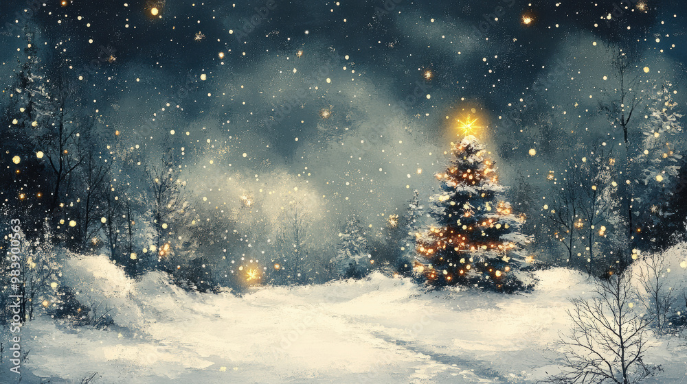 Painted Christmas Scene, Snow Scene With Christmas tree Painted Christmas Scene, Snow Scene With Christmas tree