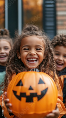 A group of children are holding a pumpkin with a scary face on it. They are all smiling and laughing, enjoying the Halloween festivities