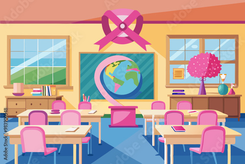  a pink ribbon in the class to show breast cancer awareness  Vector Illustration