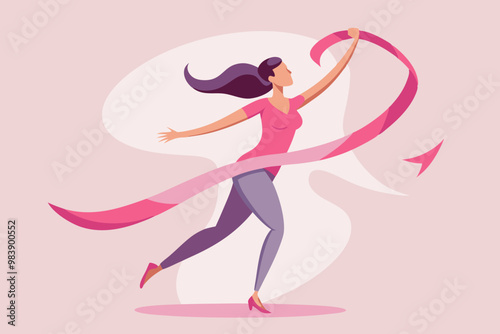 Girl with a pink ribbon to show worldwide breast cancer awareness Vector Illustration