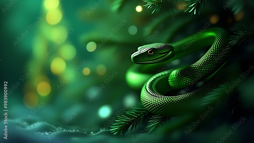 Fototapeta premium Green snake christmas tree, christmas bokeh background