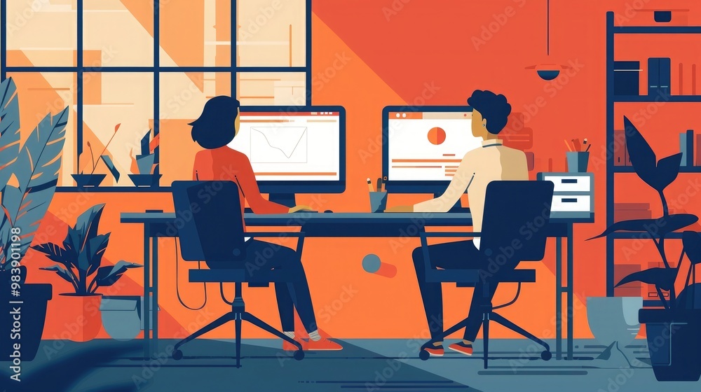 Two businesspeople with computer sitting in an office at desk. Two businesspeople with computer sitting in an office at desk.