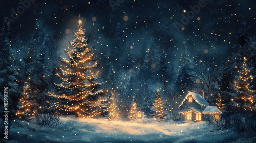 Painted Christmas Scene, Snow Scene With Christmas tree