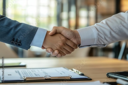 Business owner shaking hands with a loan officer after making a down payment, modern bank setting, successful loan agreement, business finance