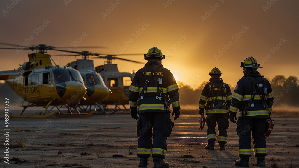 A wide-angle shot captures the group of firefighters standing together next to their helicopters A wide-angle shot captures the group of firefighters standing together next to their helicopters