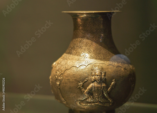 Indian Copperware. Ancient Copper Utensils. Kashmiri Copperware, More Popularly Known As Traam, Was Amazingly Enough Beautiful Part Of Household Tradition And Integral Part Of Bridal Trousseau photo