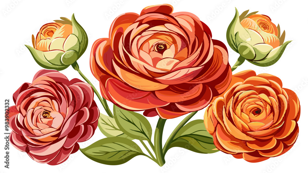 Stunning Ranunculus Flower Illustration with Layered Orange and Pink Petals - Perfect for Spring and Romantic Floral Designs, Ranunculus Flower Vector Illustration. Ranunculus Vector Illustration

