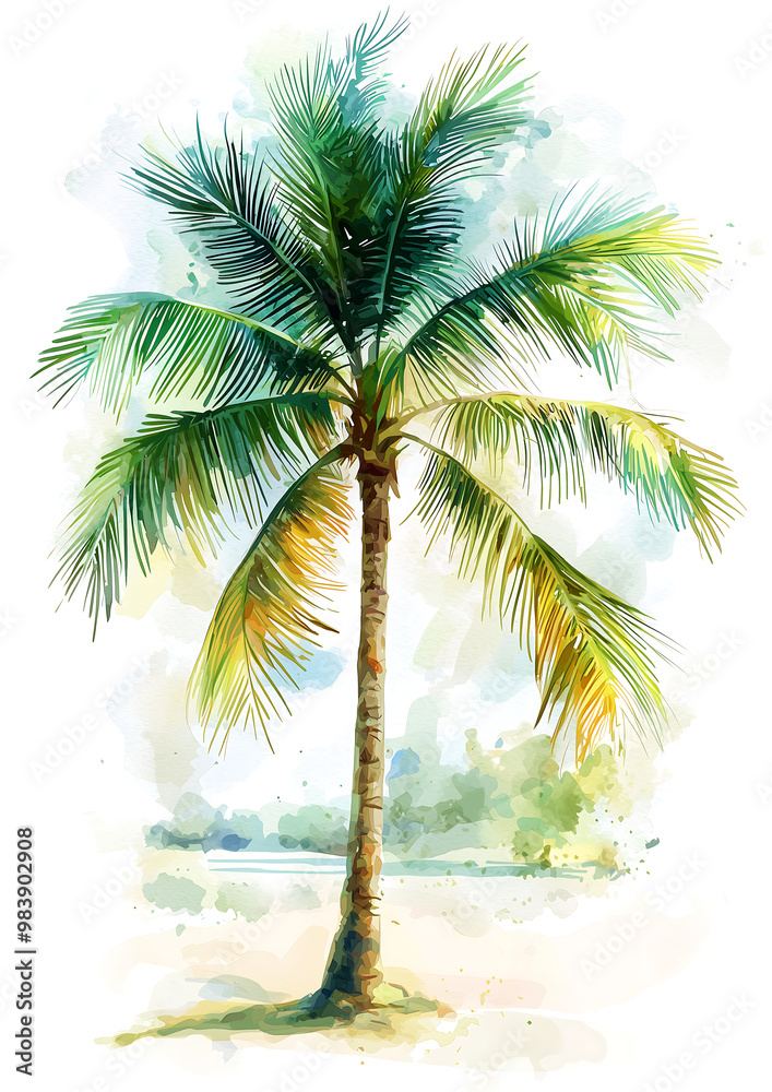 Obraz premium Watercolor Palm Tree Beach Illustration