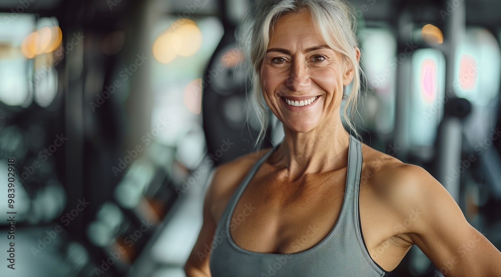 Beautiful senior woman with a perfect body, smiling and posing at the gym after her workout. Beautiful senior woman with a perfect body, smiling and posing at the gym after her workout.