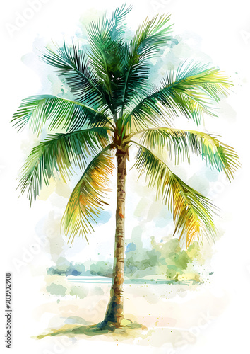 Watercolor Palm Tree Beach Illustration photo