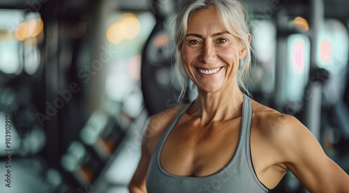 Beautiful senior woman with a perfect body, smiling and posing at the gym after her workout.