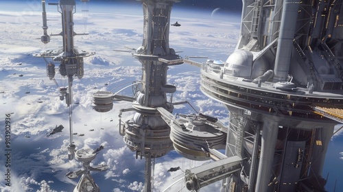 Platinum Space Elevator Terminal: Showing a terminal where a space elevator connects Earth to a space station, with platinum-colored launch platforms and futuristic spacecraft photo