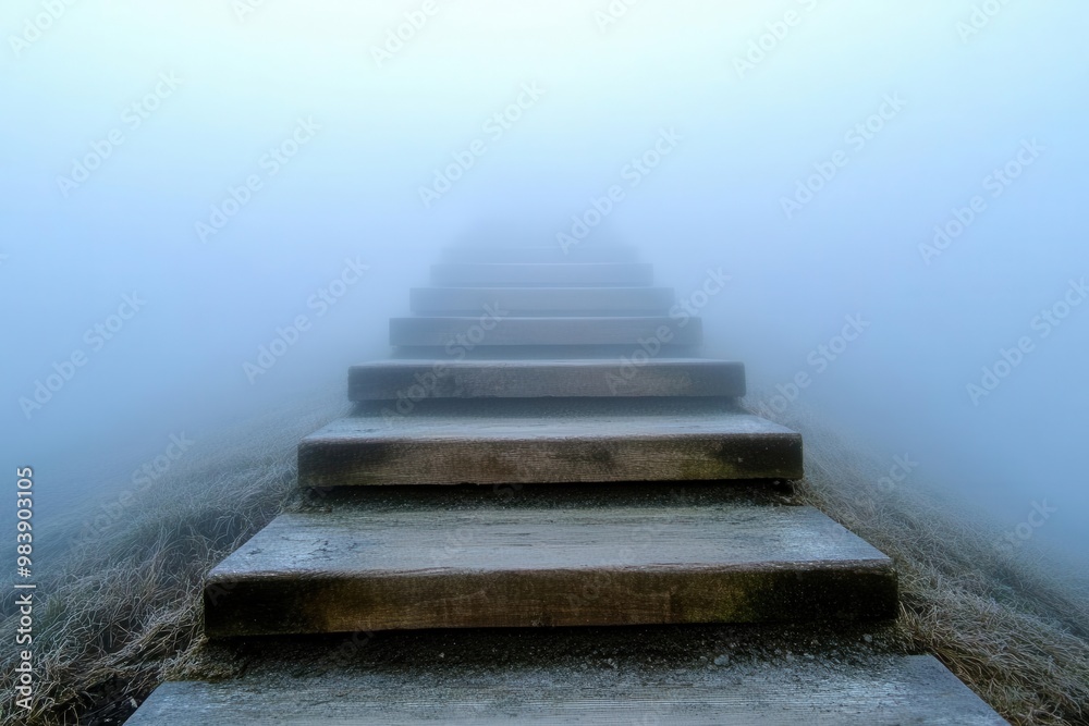 A staircase emerging from a dense fog, leading up to clear skies, symbolizing mental progress in therapy, emotional elevation, symbolic growth A staircase emerging from a dense fog, leading up to clear skies, symbolizing mental progress in therapy, emotional elevation, symbolic growth