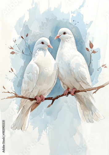 Watercolor Painting of Two White Doves on a Branch photo