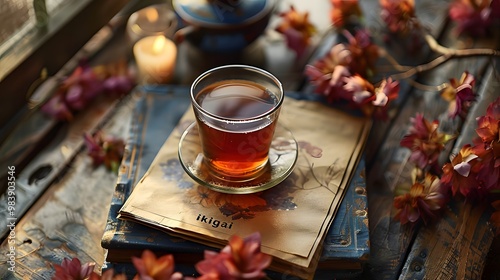 A cup of tea, a piece of paper with the word ikigai written on it