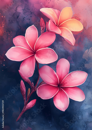 Pink Plumeria Flowers Watercolor Painting photo