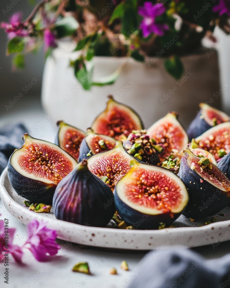 A plate of fresh figs garnished with pistachios and surrounded by flowers. A plate of fresh figs garnished with pistachios and surrounded by flowers.