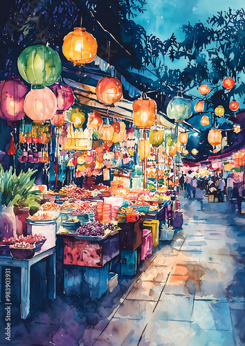 Night Market Lanterns Watercolor Painting photo